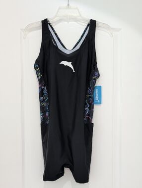 New HALCURT  Boyleg One Piece Swimsuit Pockets Athletic M Black & Floral Boy Leg